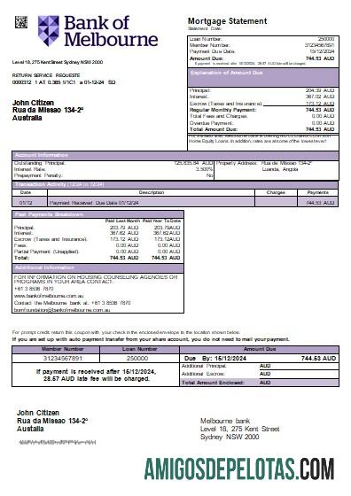 Declaração de hipoteca do Banco da Austrália do Banco de Melbourne amostra
